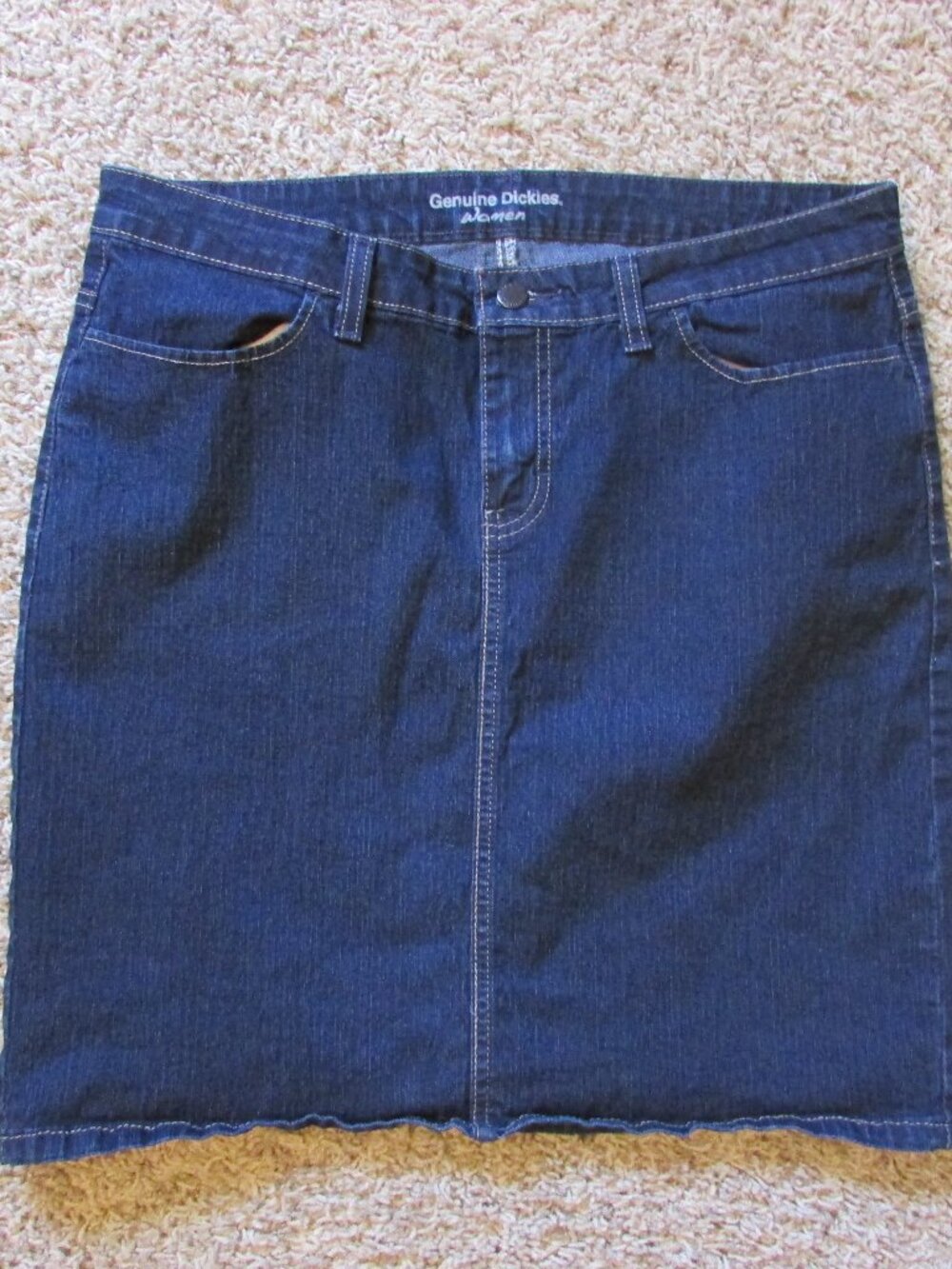 Genuine Dickies 14 Denim Skirt Blue Zip Fly Pockets Knee Length stretch EUC